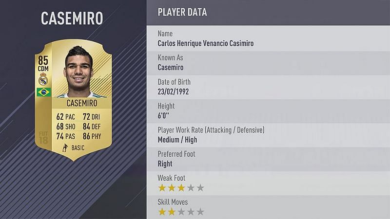 Casemiro&#039;s FIFA 18 card
