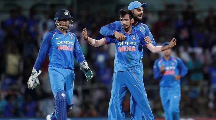 Chahal celebrates after dismissing Maxwell in the first ODI