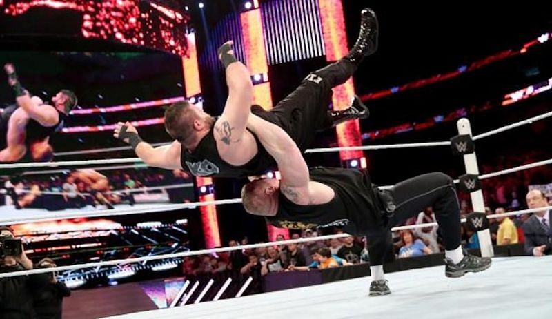 Brock Lesnar beating Kevin Owens in the ring as well records