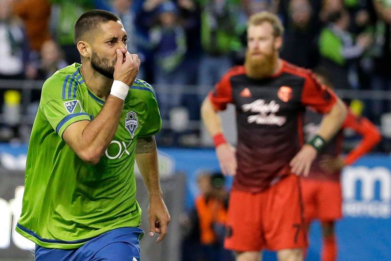 Clint Dempsey celebrating a goal against Portland and mocking them in the process