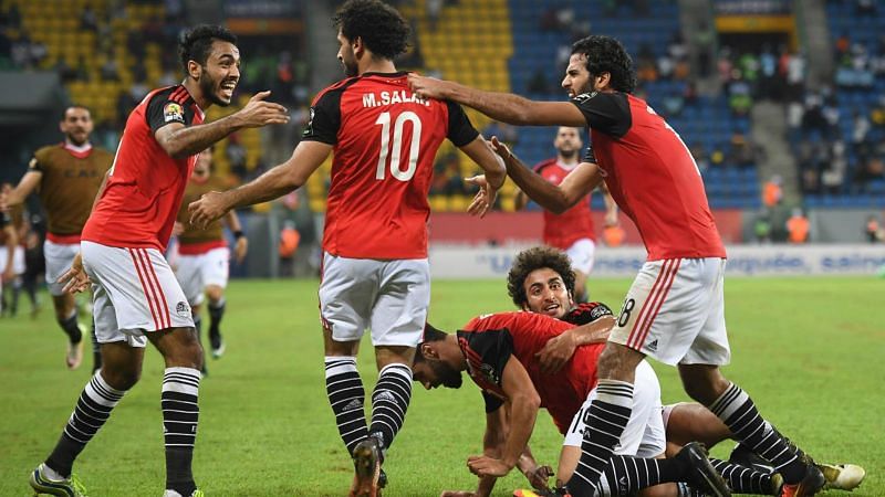 The Egyptian players celebrate a goal during the 2018 World Cup qualifiers 