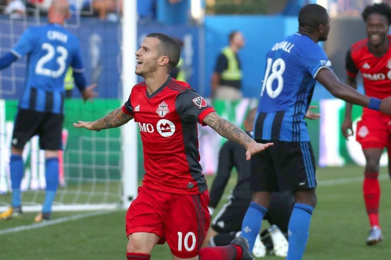 Toronto's Sebastian Giovinco celebrating against Montreal Impact 