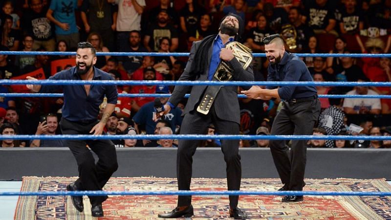 Jinder Mahal and The Singh Brothers mocking Shinsuke Nakamura on a recent Smackdown episode