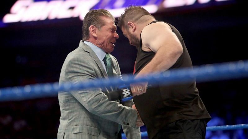 Kevin Owens headbutts Mr McMahon during their segment on Smackdown Live