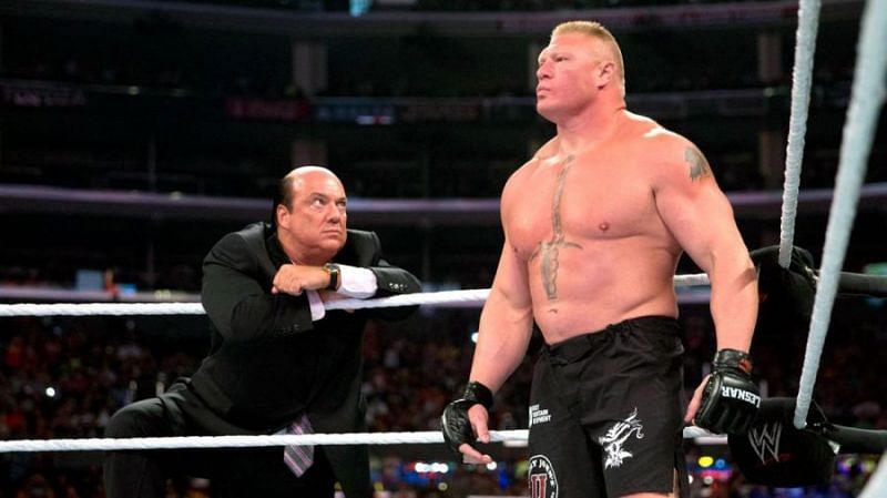 Lesnar, about to eat his opponent alive, while Heyman watches.