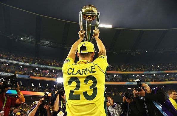 Clarke lifts the 2015 World Cup trophy