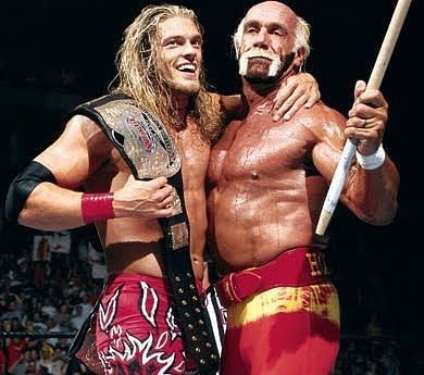 Edge and Hulk Hogan celebrate a win