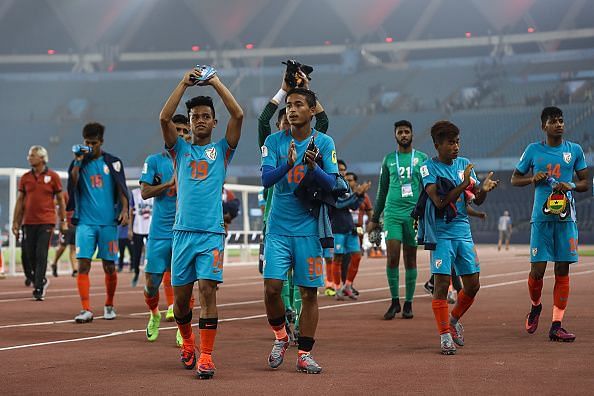 The Indian U17 players are warming up ahead of the 2018 AFC U19 Asian Cup qualifiers in November