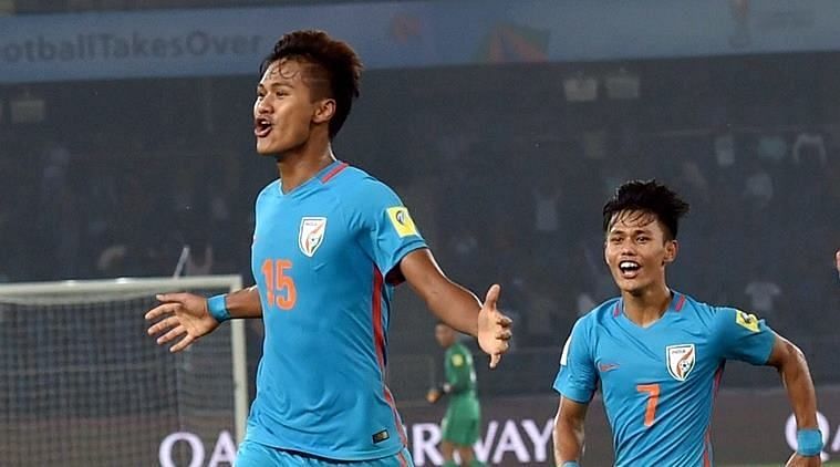 Jeakson Singh celebrate after scoring the first goal for India