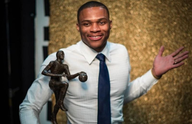 Russell Westbrook with his MVP trophy. (Image courtesy: complex.com)