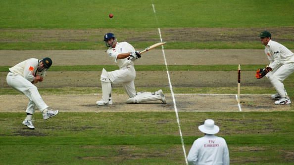 Michael Vaughan hits a delivery for four