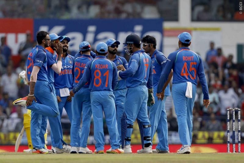 Indians celebrate after a fall of a wicket (Image credits: BCCI)