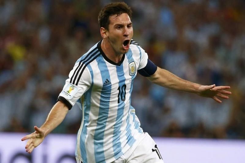 Messi celebrating after scoring a winner against Iran in World Cup.