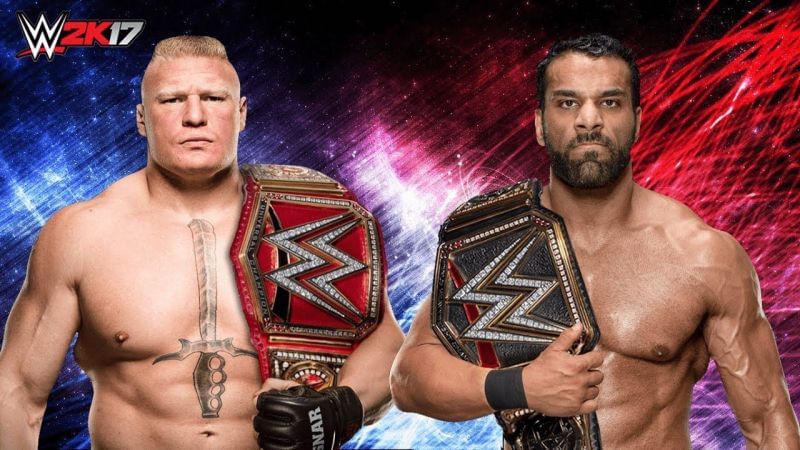 A graphic of Jinder Mahal vs. Brock Lesnar