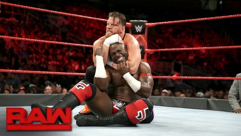 Apollo Crews in the ring with Curt Hawkins on RAW