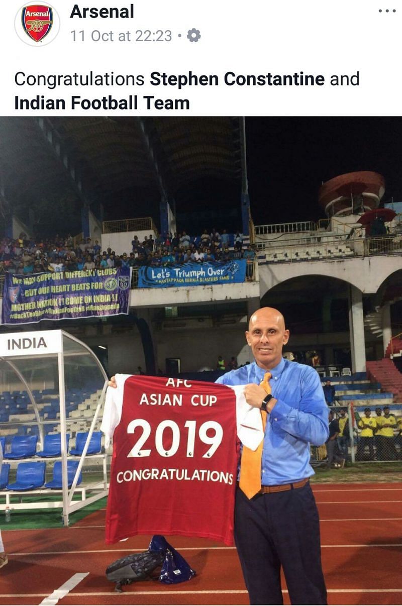Arsenal congratulated India on their qualification to the 2019 AFC Asian Cup