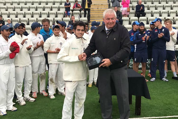 Kamlesh Nagarkoti receives the Man of the Match for his 10 wicket-haul in the first Youth Test against England