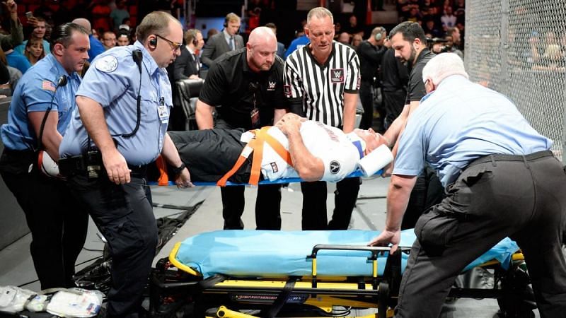 Shane McMahon being wheeled away after his match at Hell in a Cell