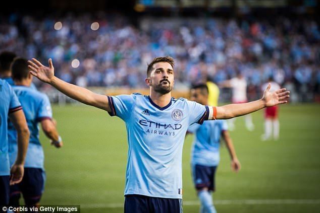 David Villa celebrating a goal against The Red Bulls