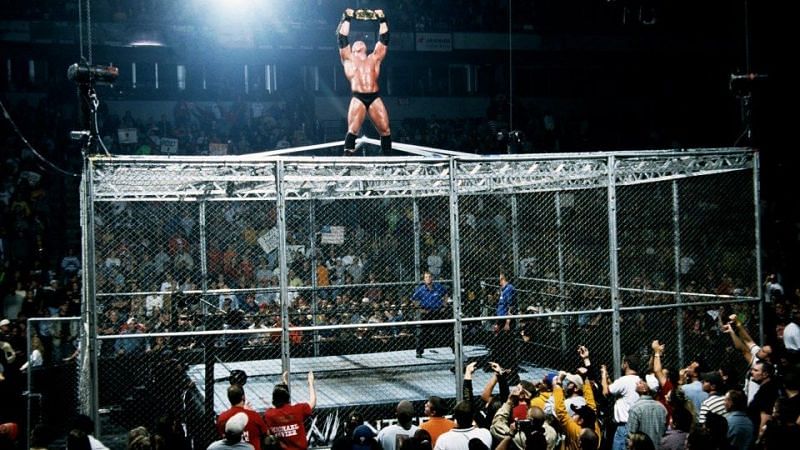 Brock Lesnar celebrates on top of the cell.