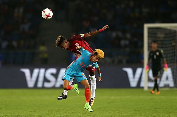Komal Thatal fighting an aerial battle during the FIFA U17 World Cup
