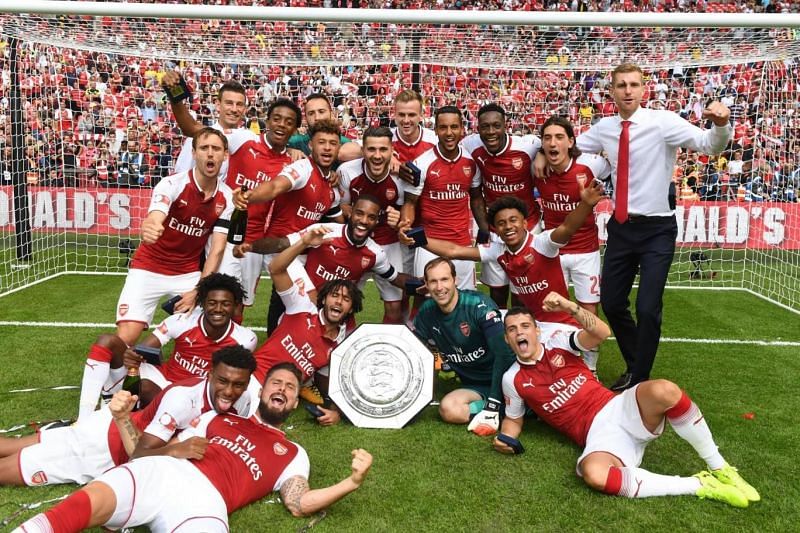 Arsenal players celebrate winning the FA Community Shield