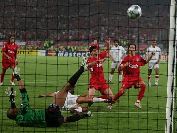 Xabi Alonso scores the rebound after AC Milsn keeper saved his penalty in the 2005 Champions League Final