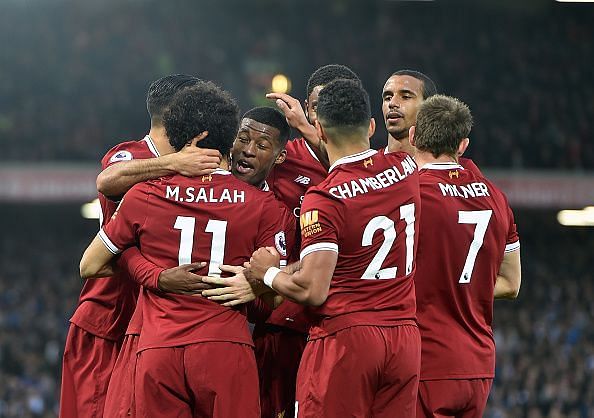 Liverpool celebrate scoring their third goal