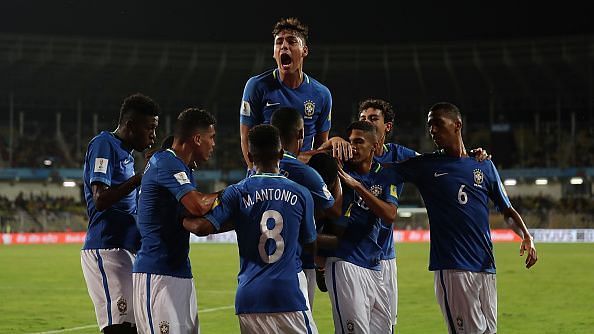 Brazil celebrate after scoring against Niger