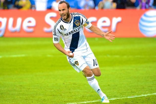 Landon Donovan celebrating after scoring for LA Galaxy