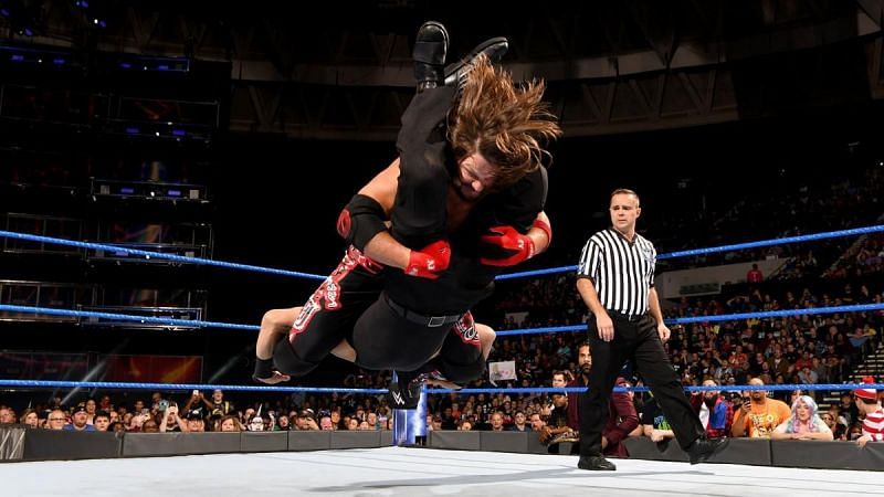 AJ Styles hitting the Styles Clash on Samir Singh
