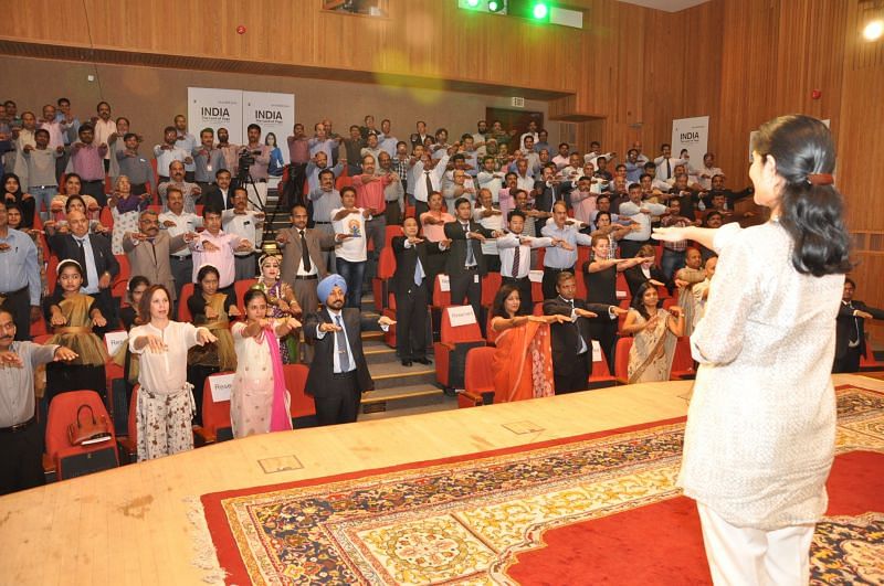 The Indian embassy of Riyadh is seen celebrating International Day of Yoga