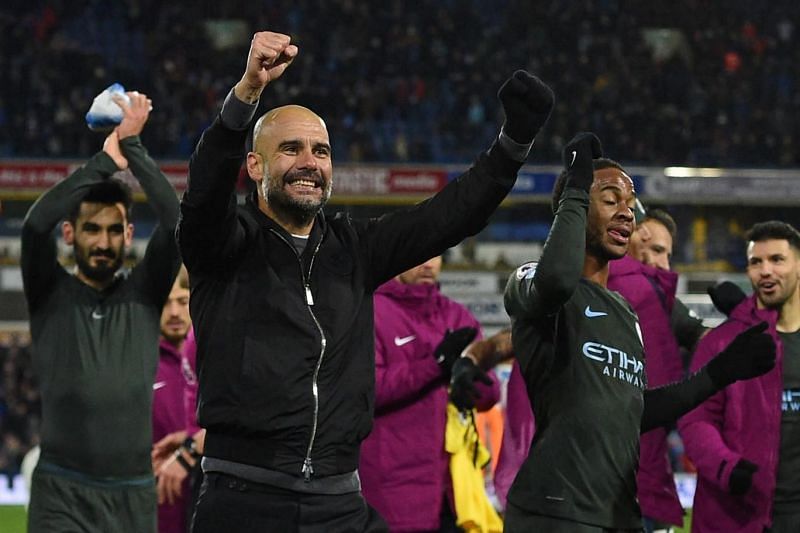 Pep Guardiola exults after his side&#039;s 11th successive win the Premier League