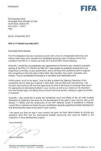 FIFA president Gianni Infantino&#039;s letter to Narendra Modi