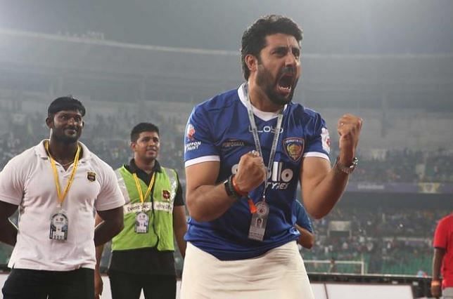Chennaiyin FC co-owner Abhishek Bachchan exalts after his side&#039;s 3-0 victory.
