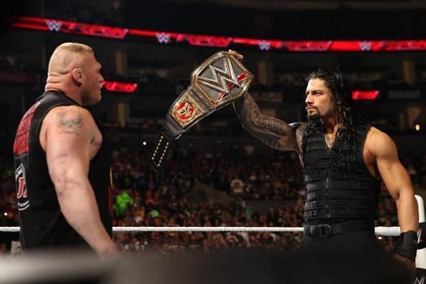 Brock Lesnar and Roman Reigns in the ring on RAW