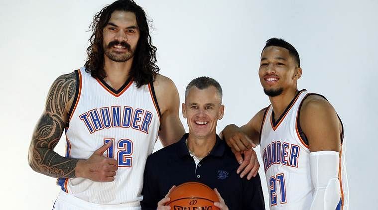 Steven Adams and Andre Roberson with head coach Billy Donovan
