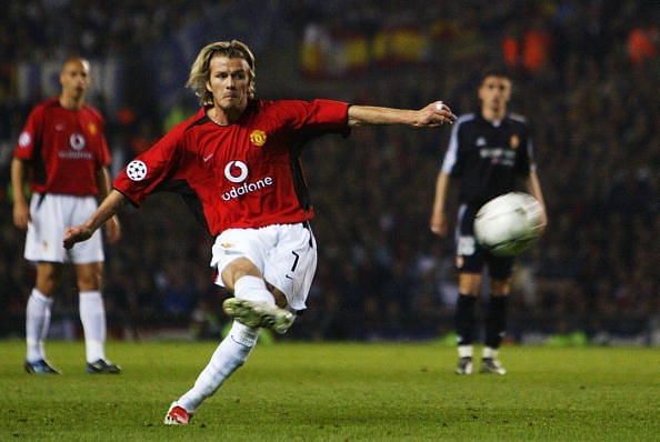 (FILE PHOTO) David Beckham of Man Utd scores the 3rd goal