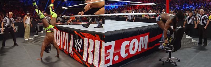 Kofi returning back to the ring in an unusual way during the Royal Rumble match at 2012 and 2013.