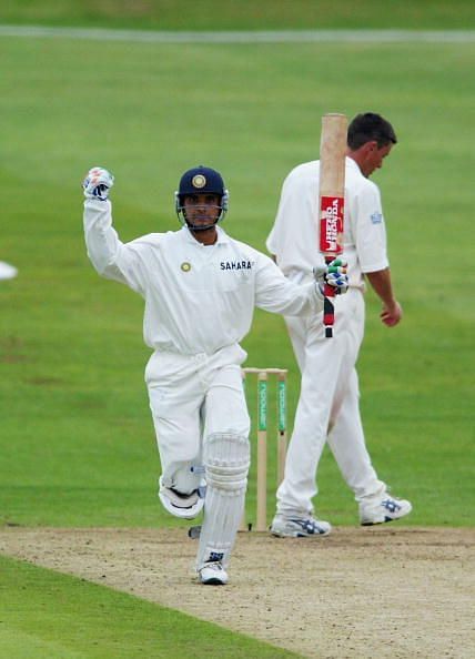 Sourav Ganguly of India celebrates his century