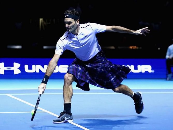 Video: Roger Federer plays while wearing a kilt in exhibition match against Andy Murray