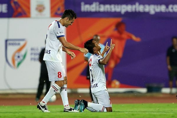 Chhangte (right) celebrates after scoring