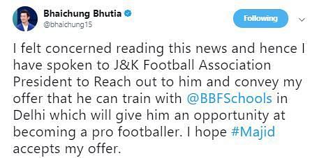 Bhaichung&#039;s tweet stating the promise made by him
