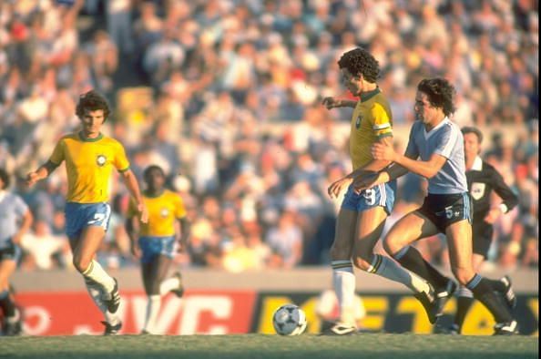 Socrates of Brazil kicks the ball during the World Cup match against Argentina