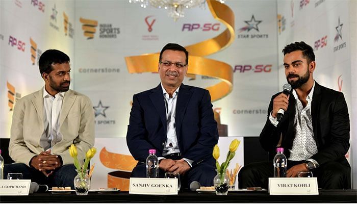 Kohli, Sanjiv Goenka and Gopichand at the launch