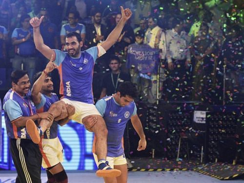 Anup Kumar is hoisted by his teammates after putting up a match winning performance in the Kabaddi World Cup