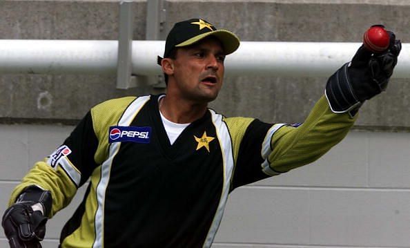 Pakistan&#039;s captain Moin Khan takes a catch during