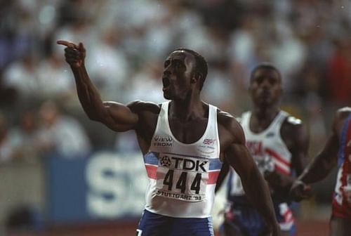 Lindford Christie of Great Britain pointing his finger to the crowd  after the 100 Metres event