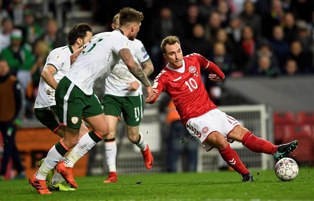 Irish defenders surround Eriksen as they did for much of the game