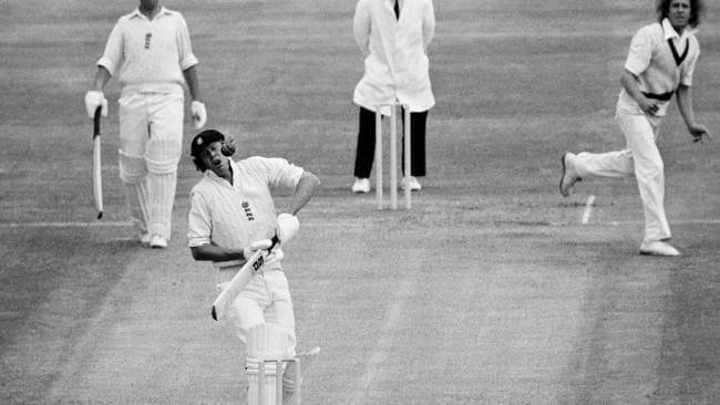 Tony Greig avoiding Thomson's boucer